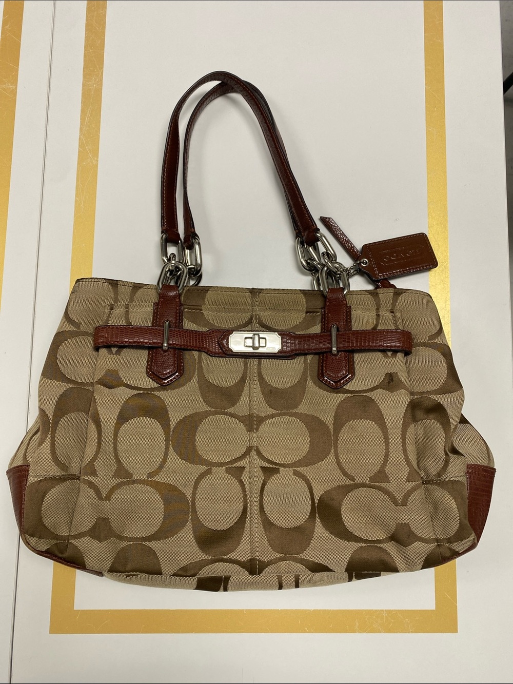 Coach Tan Signature Print Shoulder Bag with Brown Leather Trim